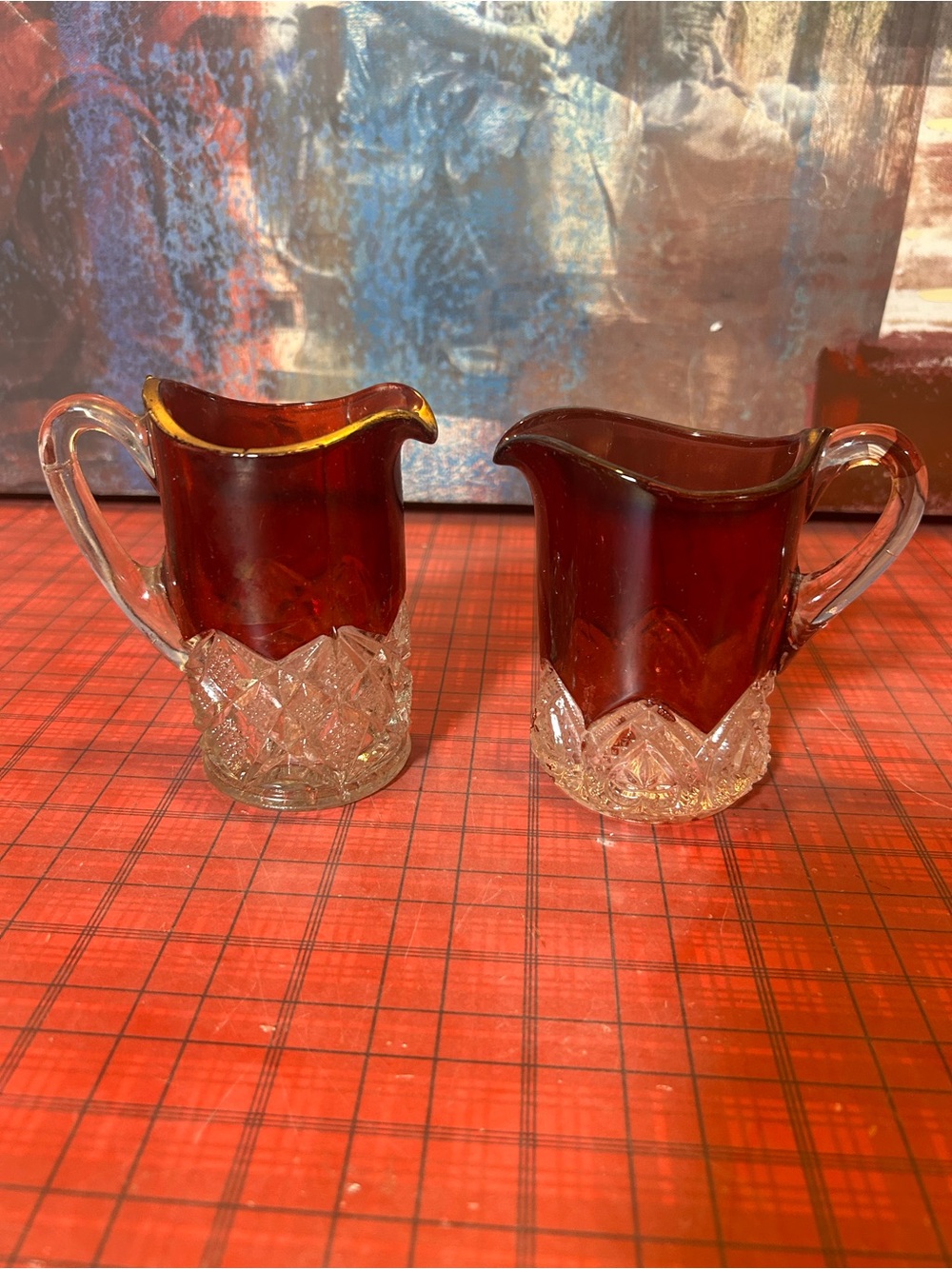 Vintage Ruby Flash Creamer  Set Red Flash Glass Pressed Cut Glass